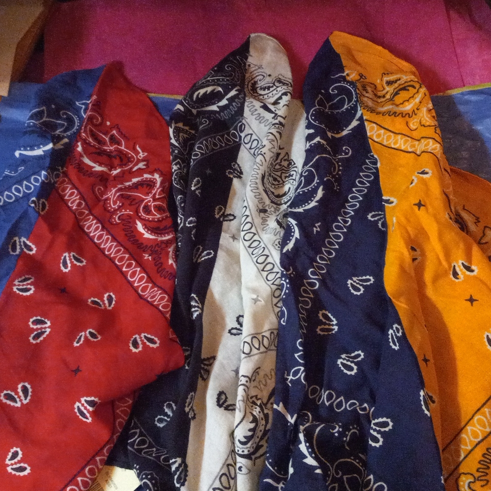 3 Bandanas each one is two color 1/2 red/blue- yellow/blue and cream& black